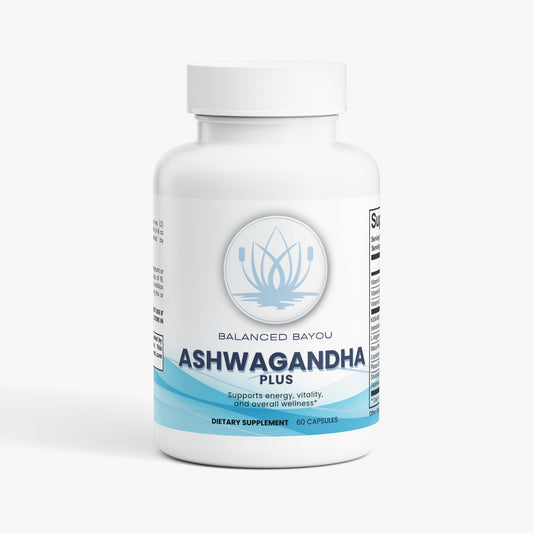Supplement bottle labeled 'Ashwagandha Plus' by Balanced Bayou on a white background