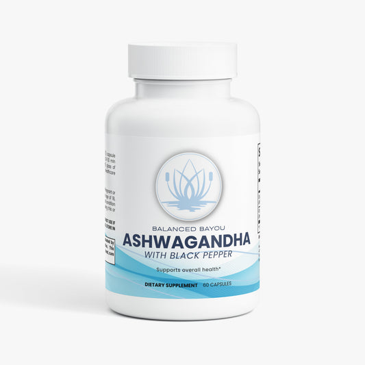 Supplement bottle labeled 'Ashwagandha with Black Pepper' on a white background