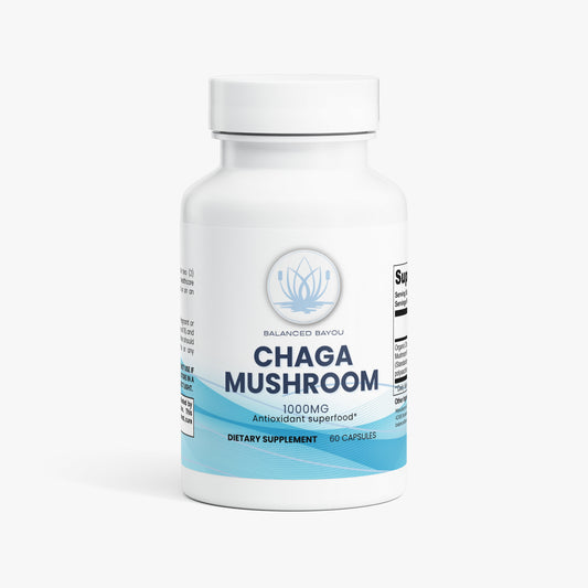 Supplement bottle labeled 'Chaga Mushroom' on a white background