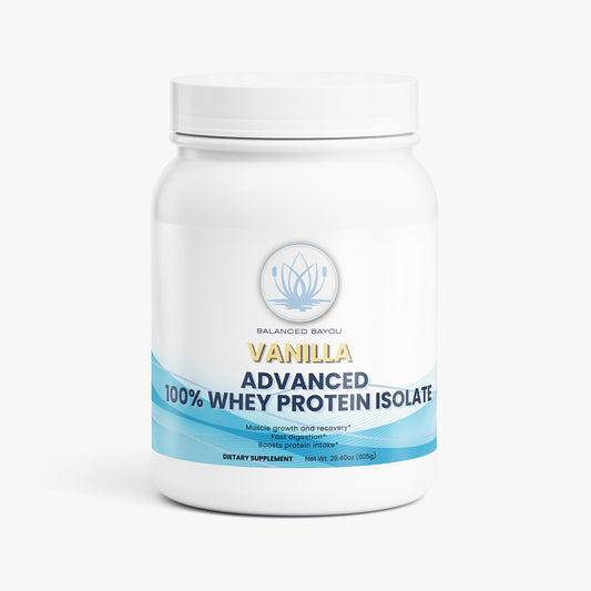 Vanilla Advanced 100% Whey Protein Isolate container on a white background