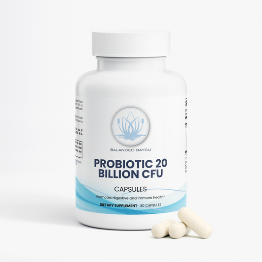 A white bottle of Balanced Bayou Probiotic 20 Billion CFU dietary supplement capsules, shown on a clean white background with three capsules resting in front of the bottle.