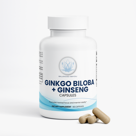 A white plastic bottle of Balanced Bayou Ginkgo Biloba + Ginseng dietary supplement capsules, featuring a clean white label with blue text and wave accents on a light gray background.