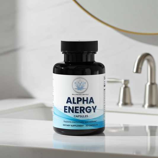 A black bottle of Balanced Bayou Alpha Energy Capsules sits on a white countertop in front of a sink and faucet, with a softly blurred bathroom background.
