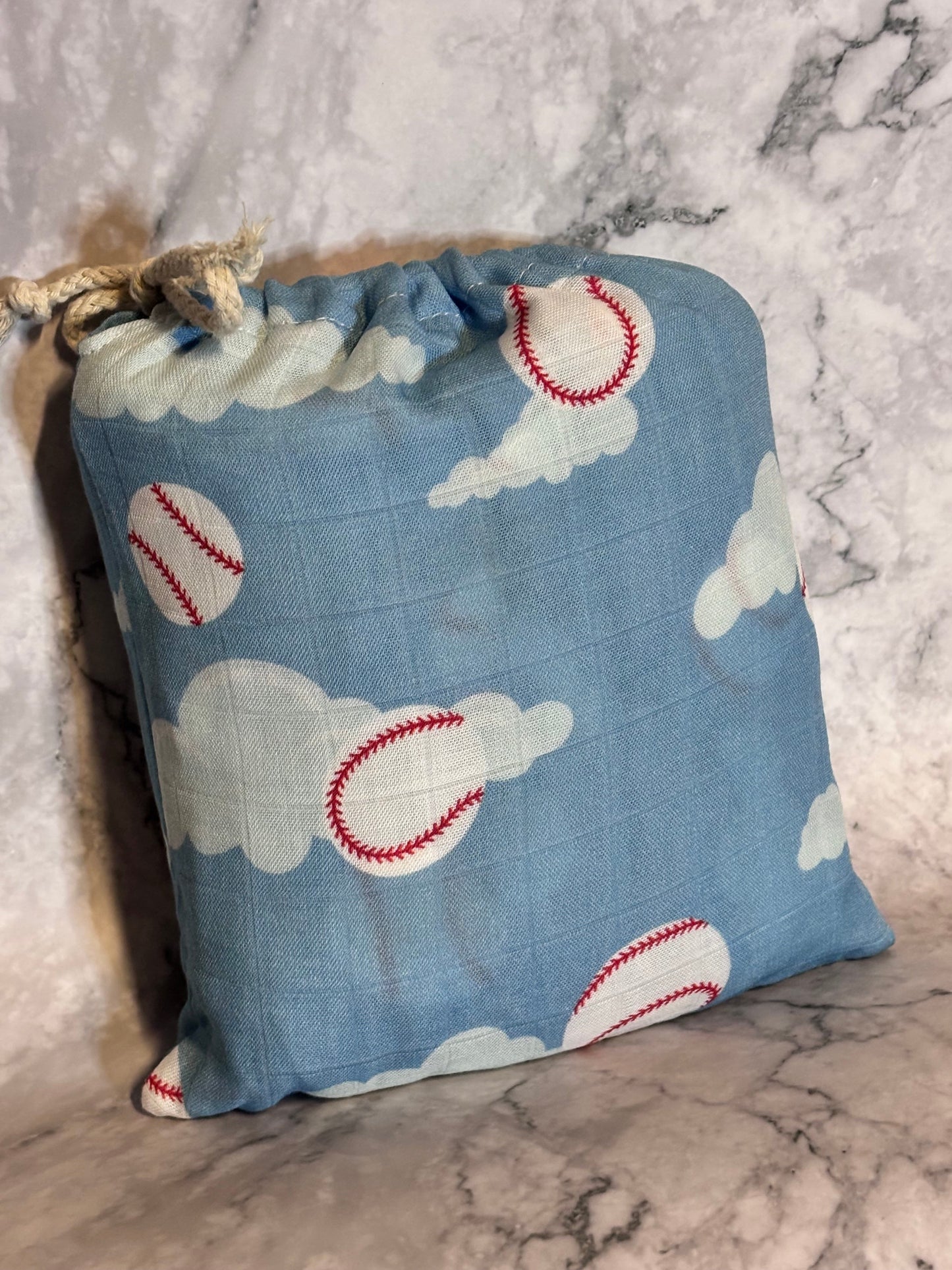 Organic Bamboo Cotton Muslin Crib Sheet in Baseballs in the Sky