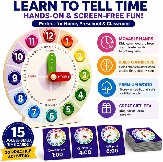 Tick Tock Learn Wooden Teaching Clock for Kids Ages 4+
