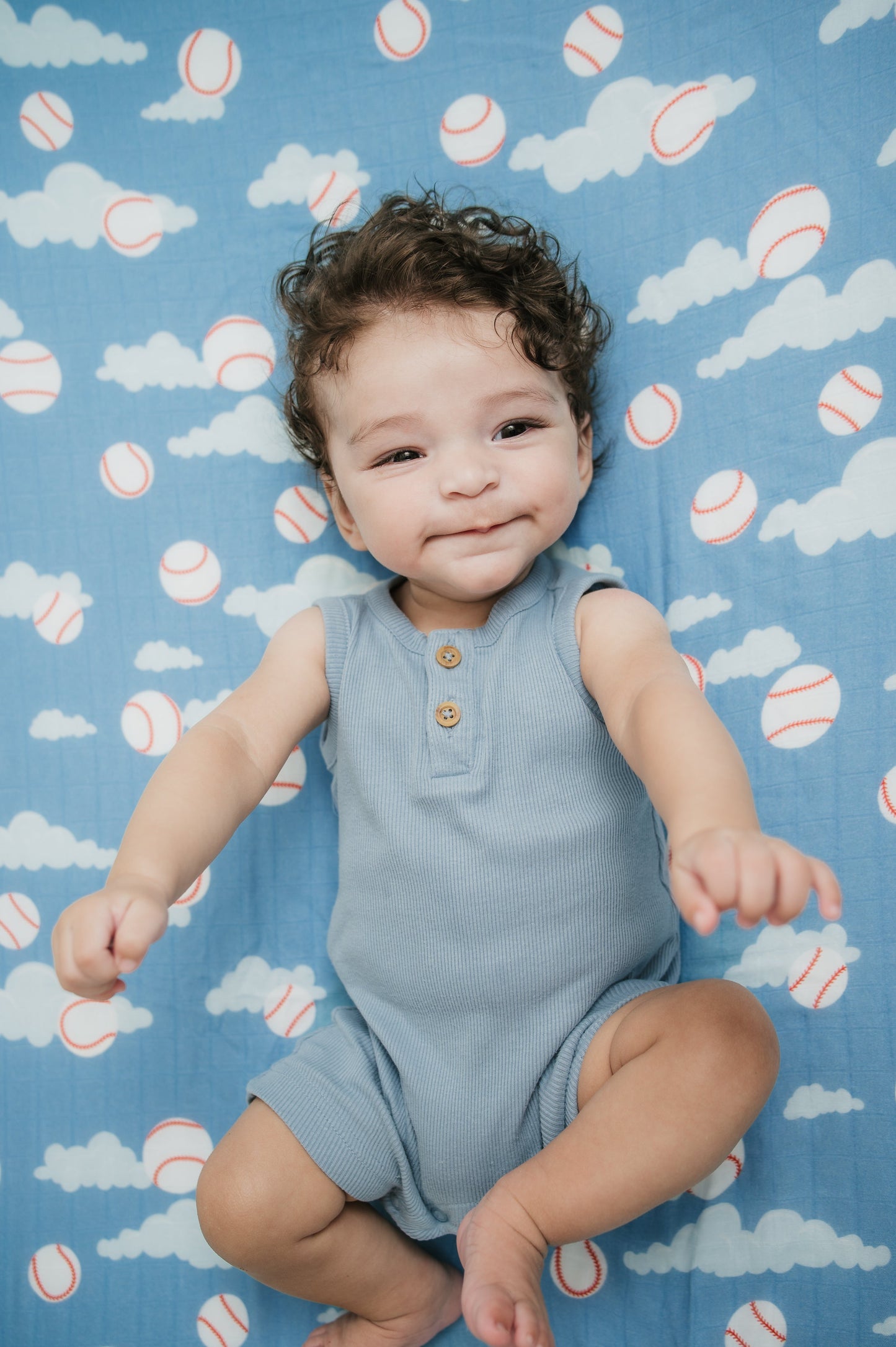 Organic Bamboo Cotton Muslin Crib Sheet in Baseballs in the Sky