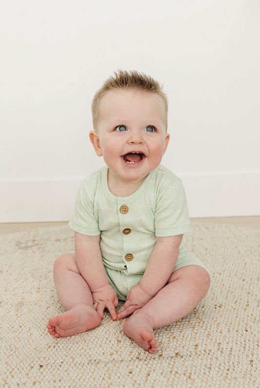 GOTS Certified Organic Cotton Short Sleeve Romper - I Love You (Desert Green)