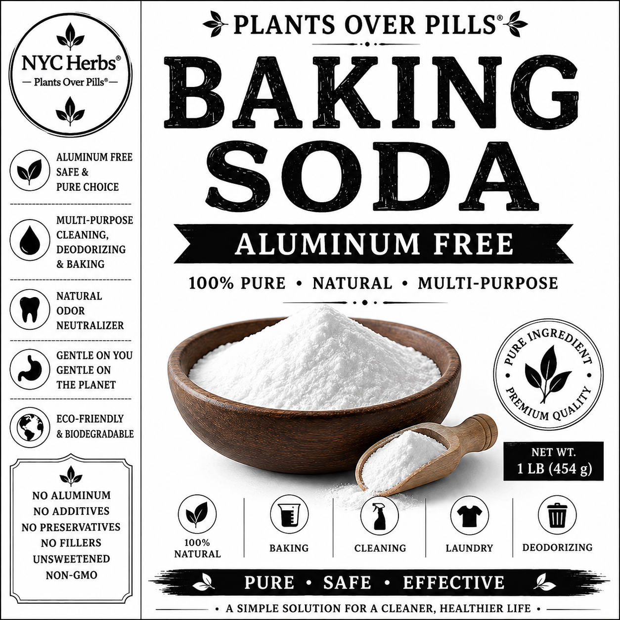 NYC Herbs Baking Soda aluminum-free product packaging on a white background, featuring a wooden bowl of white powder, a small wooden spoon with powder, and multiple benefit icons and text callouts.