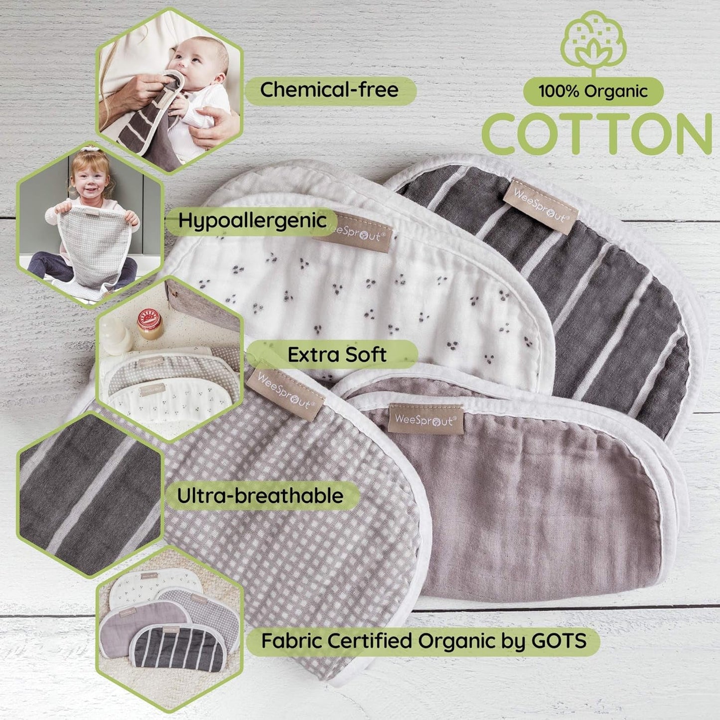 WeeSprout 100% Organic Cotton Burp Cloths — Ultra-Absorbent, Multi-Functional & Gentle on Baby’s Skin