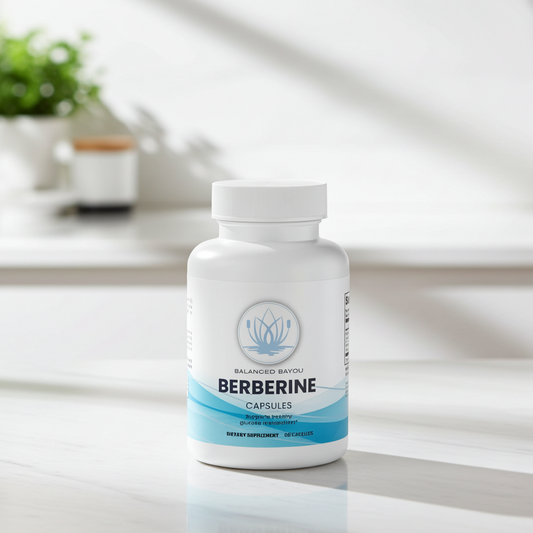 A white bottle of Balanced Botanicals Berberine Capsules stands on a light marble surface in a bright, modern interior setting with soft shadows and a blurred plant in the background.
