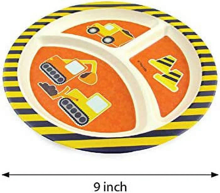 🚧 Construction Trucks 4-Piece Kids Dinnerware Set – Eco-Friendly, Biodegradable Plant Fiber Plate, Cup, Fork & Spoon – BPA-Free, Microwave & Dishwasher Safe – Gift Boxed for Toddlers & Boys