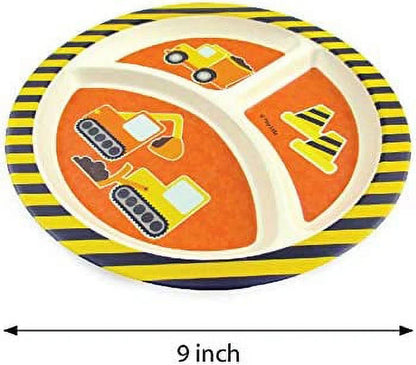 🚧 Construction Trucks 4-Piece Kids Dinnerware Set – Eco-Friendly, Biodegradable Plant Fiber Plate, Cup, Fork & Spoon – BPA-Free, Microwave & Dishwasher Safe – Gift Boxed for Toddlers & Boys