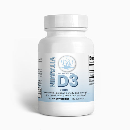 Balanced Bayou Organic Vitamin D3 2000 IU supplement bottle