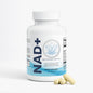 Supplement bottle labeled 'NAD+' with capsules on a white background