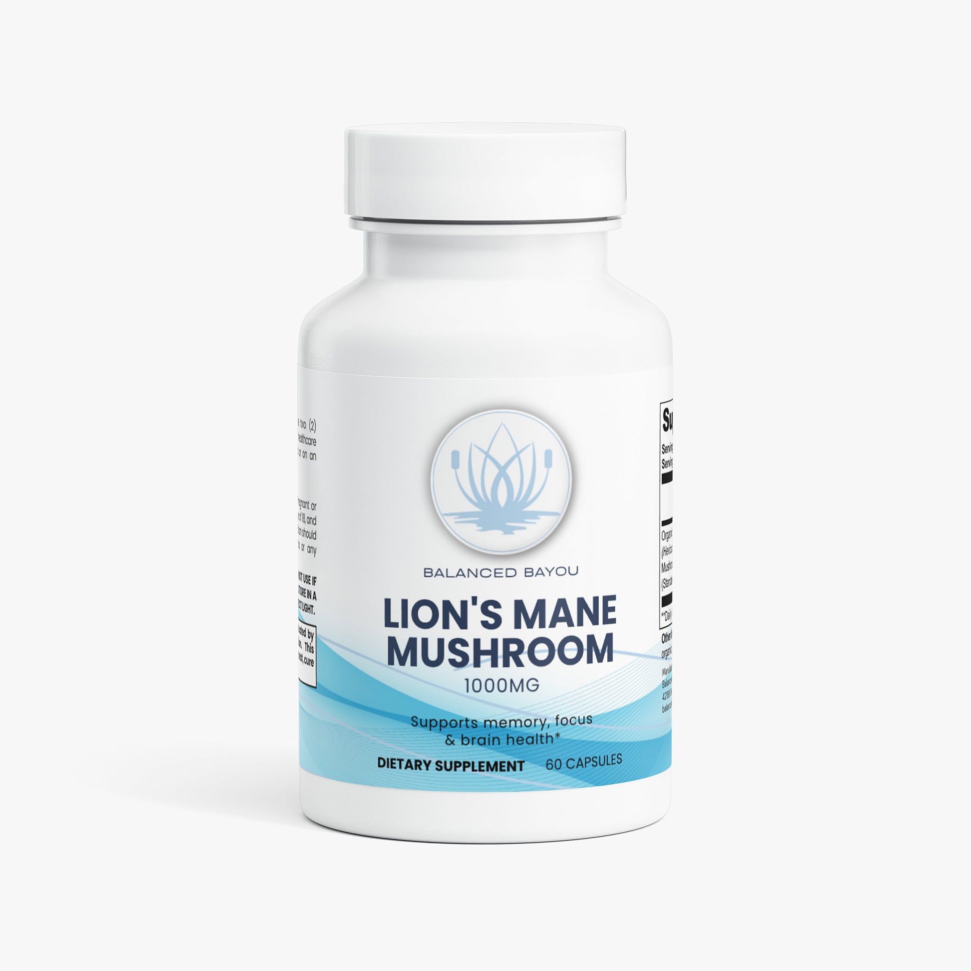 Bottle of Lion's Mane Mushroom supplement on a white background