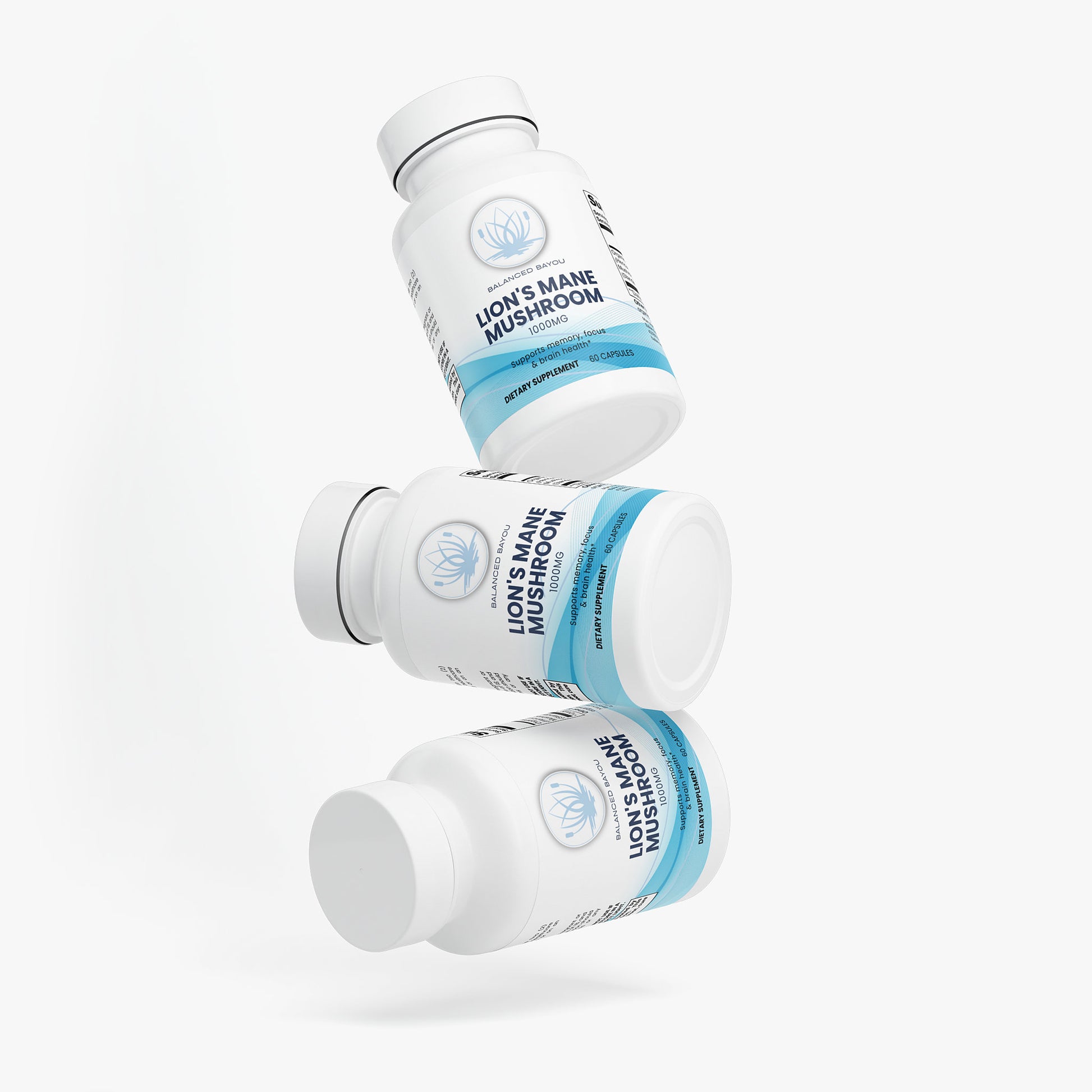 Three bottles of Lion's Mane Mushroom supplement on a white background