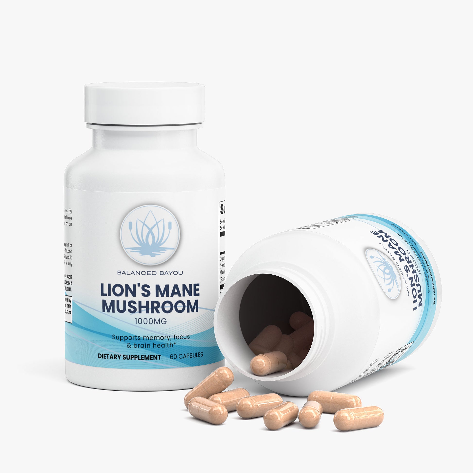 Lion's Mane Mushroom supplement bottle with open cap showing capsules on a white background