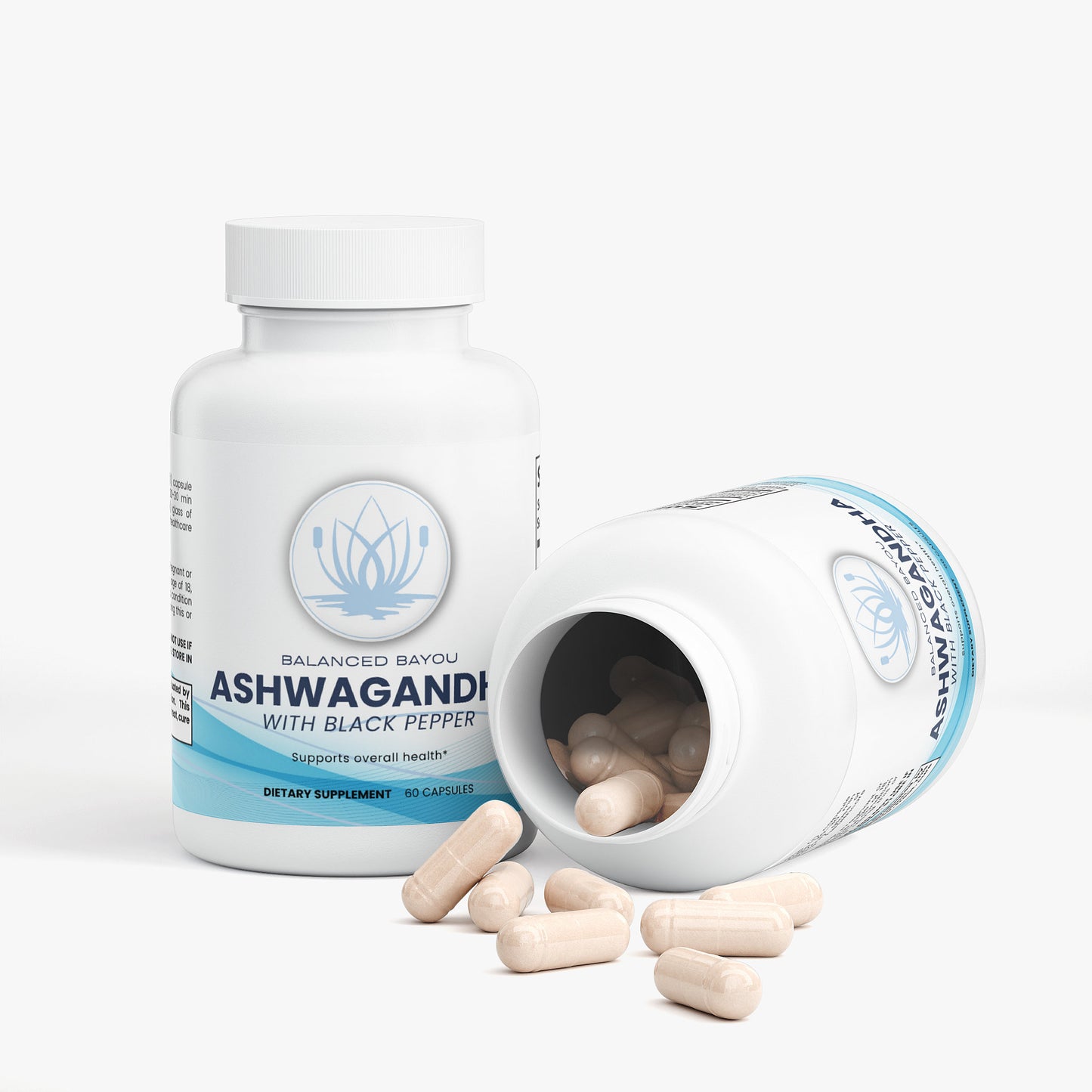 Supplement bottle labeled 'ASHWAGANDHA' with open cap showing capsules on a white background