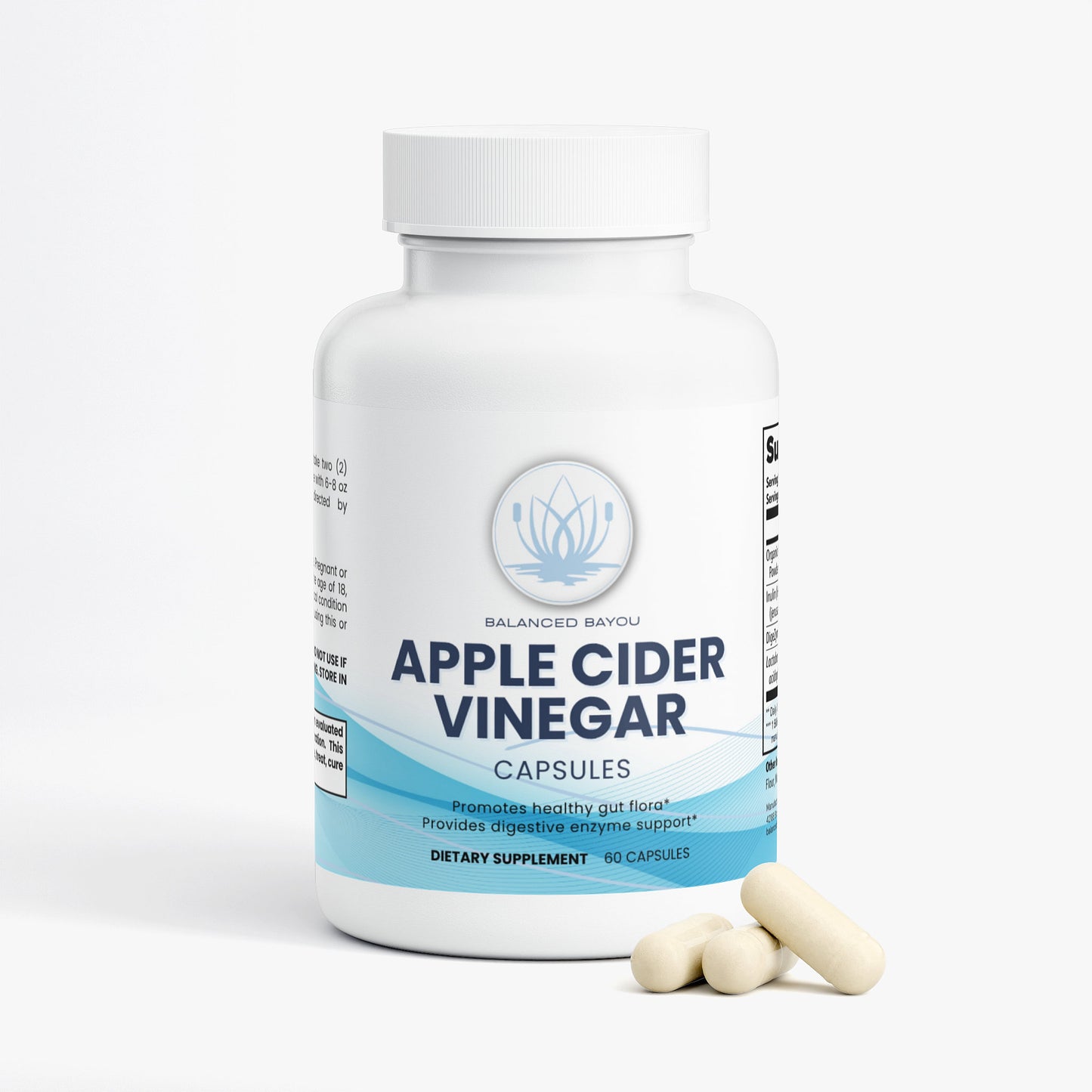 Bottle of Apple Cider Vinegar capsules with a white background