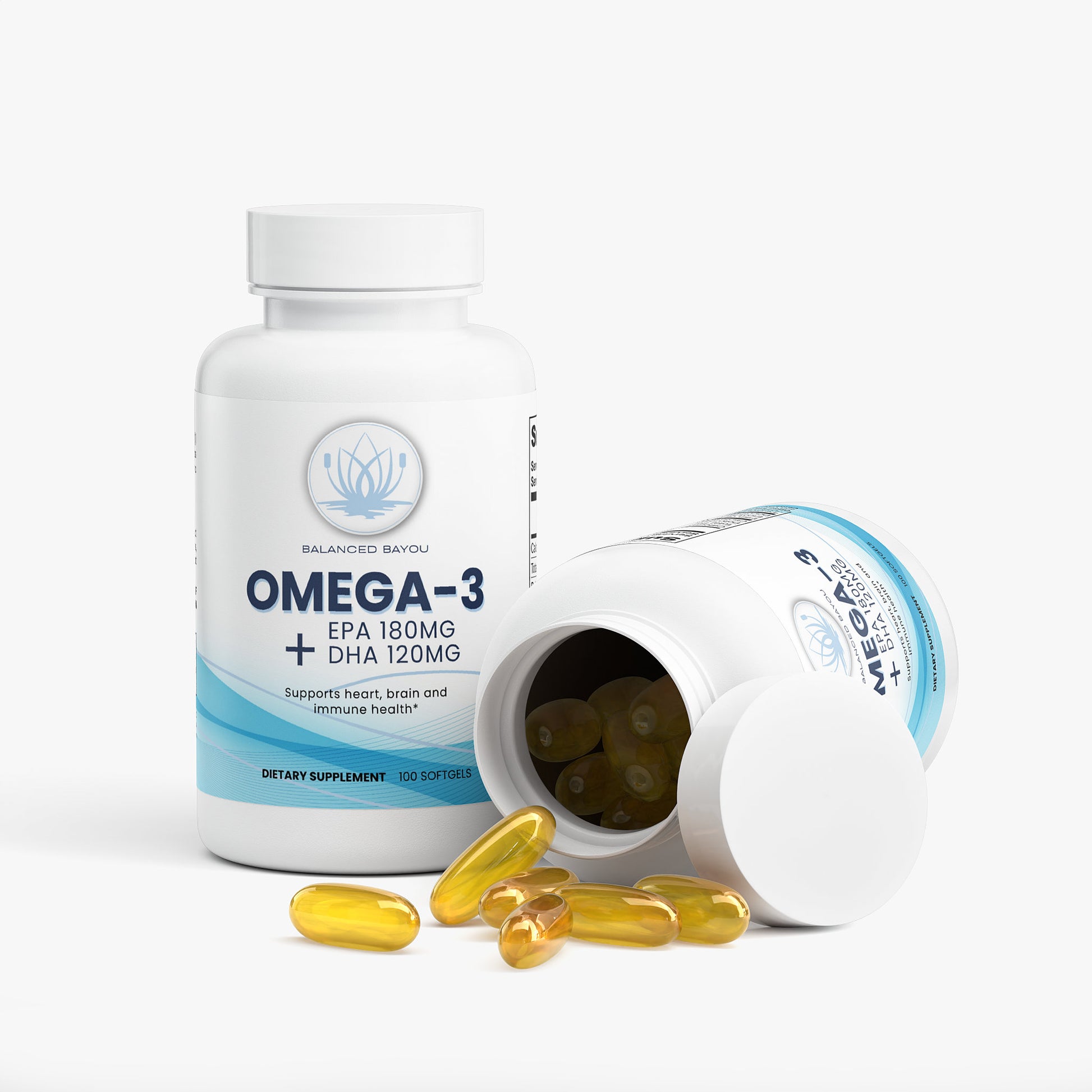 Omega-3 supplement bottle with open cap showing capsules on a white background