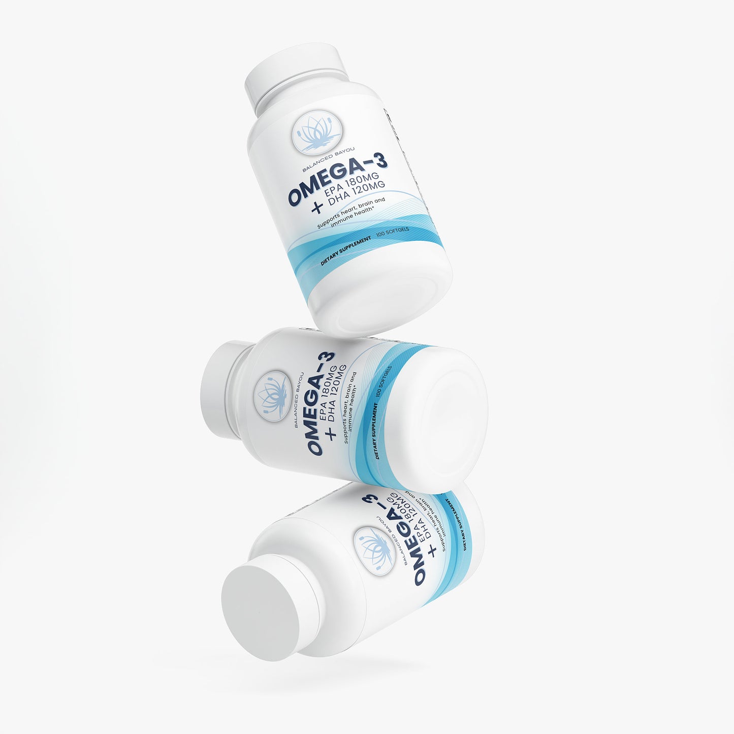 Three bottles of Omega-3 supplements on a white background