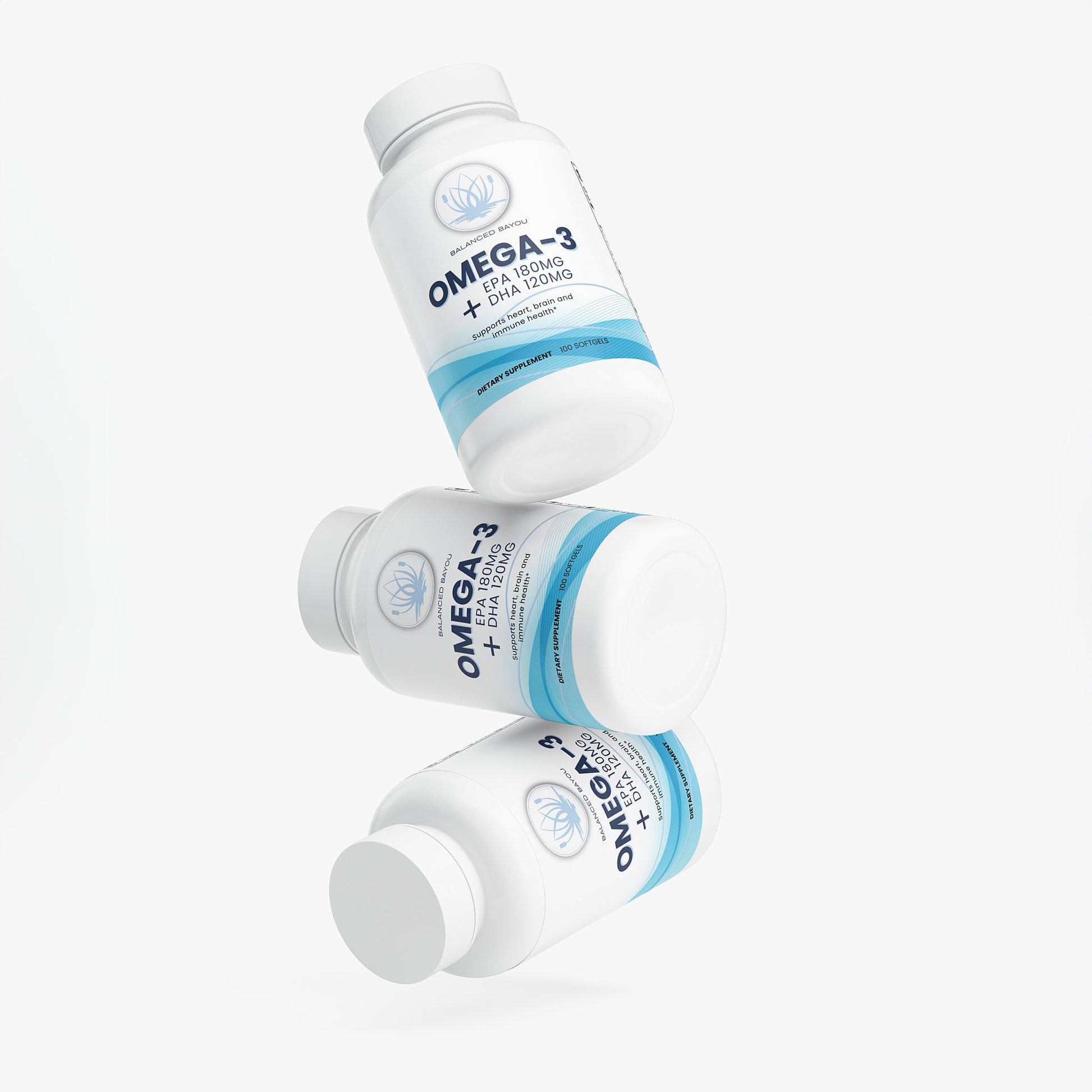 Three bottles of Omega-3 supplements on a white background