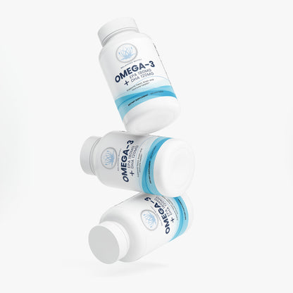 Three bottles of Omega-3 supplements on a white background