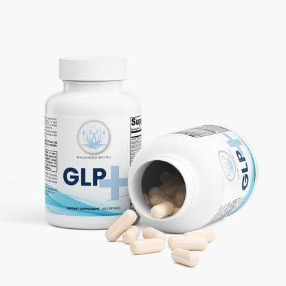A white bottle of Balanced Bayou GLP+ dietary supplement capsules, with one bottle standing upright and another tipped on its side showing spilled capsules, on a light gray background.