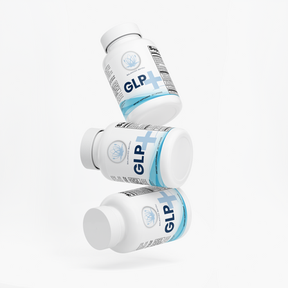 Three white supplement bottles labeled GLP-1 floating in a staggered arrangement on a clean white background.