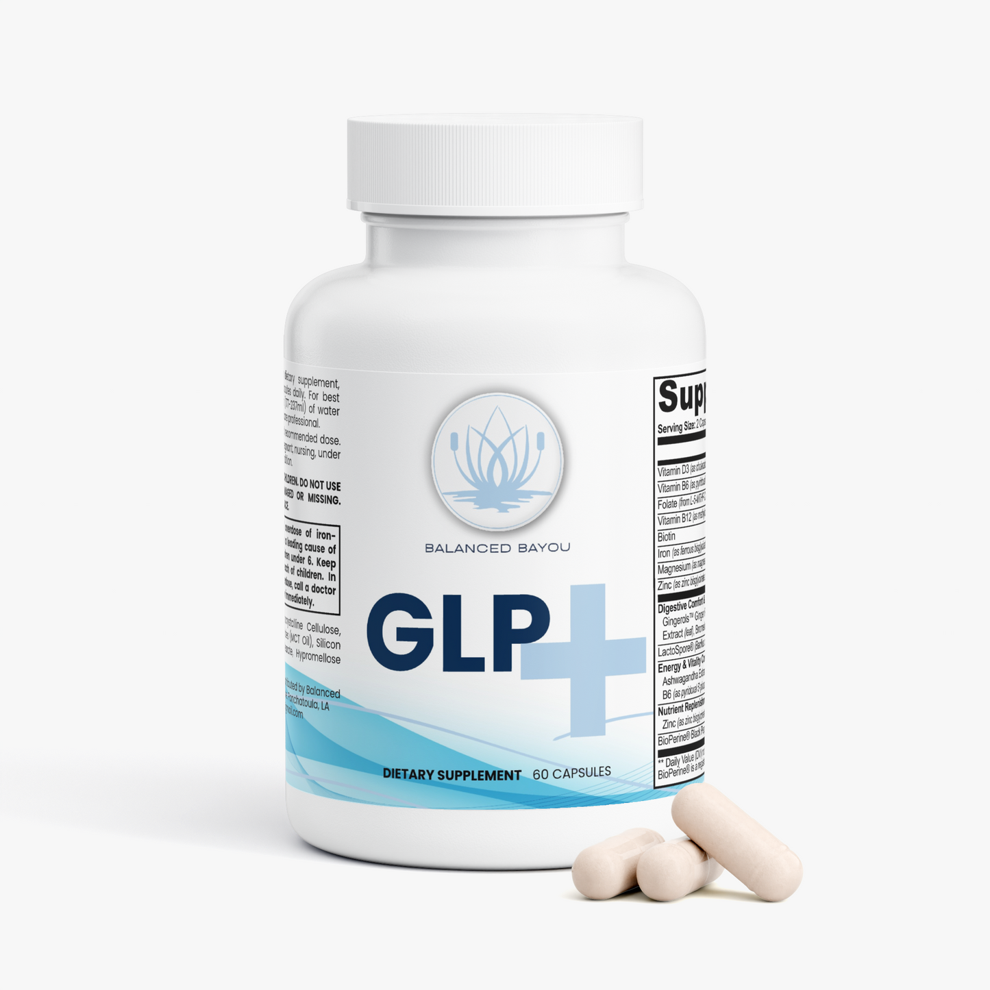A white bottle of Balanced Bayou GLP+ dietary supplement capsules with three beige capsules resting in front, set against a clean white background.