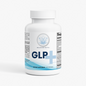 A white bottle of Balanced Bayou GLP+ dietary supplement capsules, featuring a white cap and a label with blue and gray accents, set against a plain light gray background.