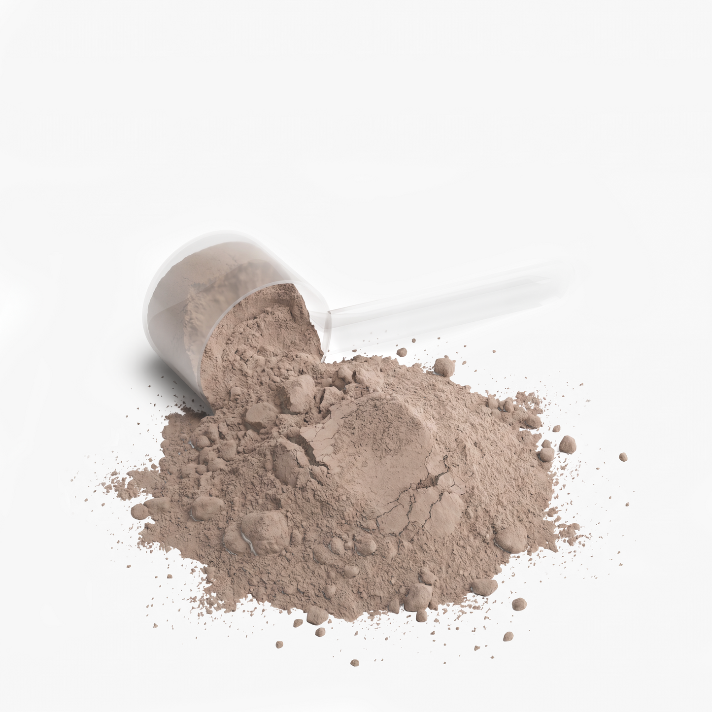 A small clear plastic scoop tipped over with a pile of light brown powder spilled onto a white background.