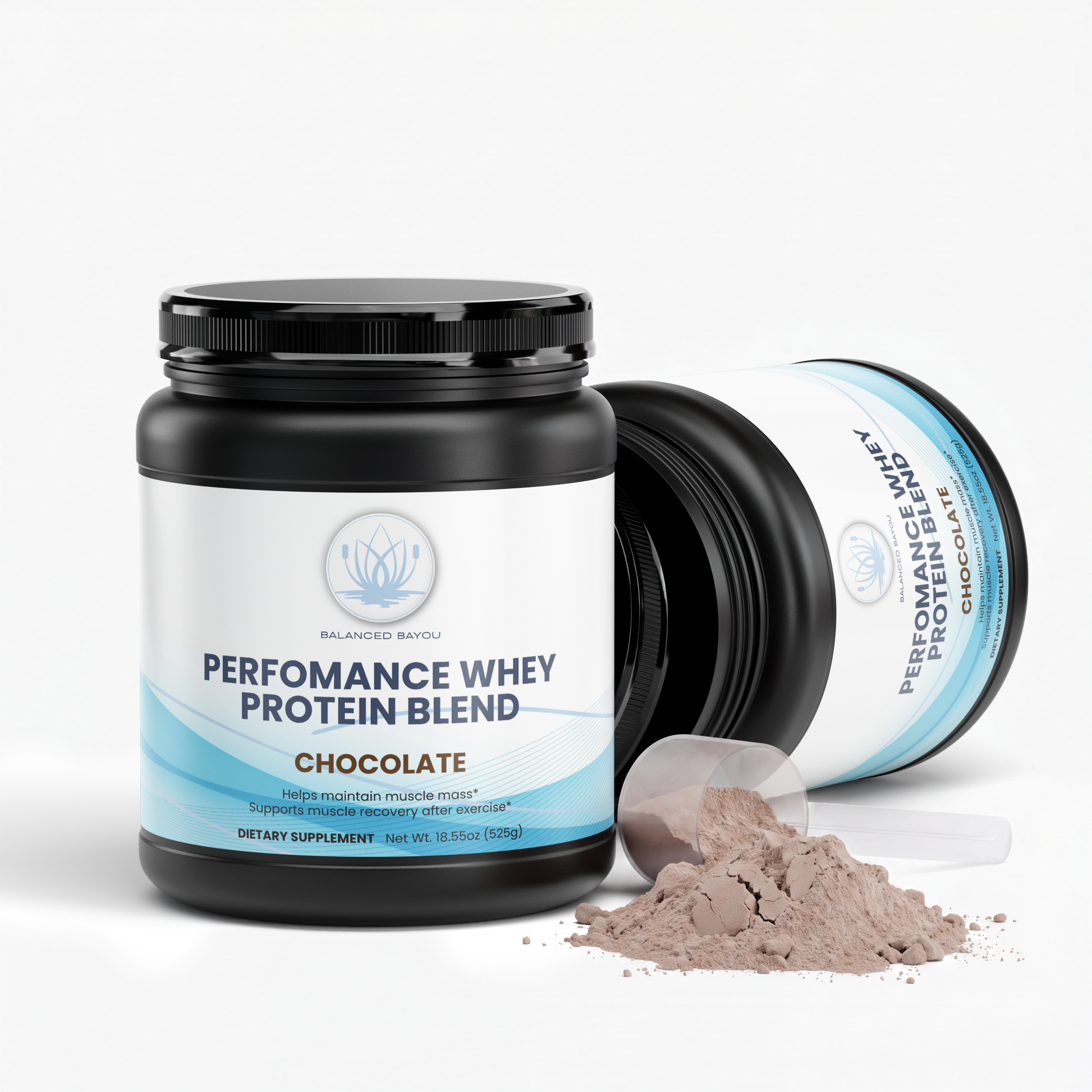 A black plastic tub of Bilancioso Bio Performance Whey Protein Blend in Chocolate flavor, shown with one tub standing upright and another lying on its side, with a small clear scoop and a pile of chocolate-colored powder in front, on a clean white background.
