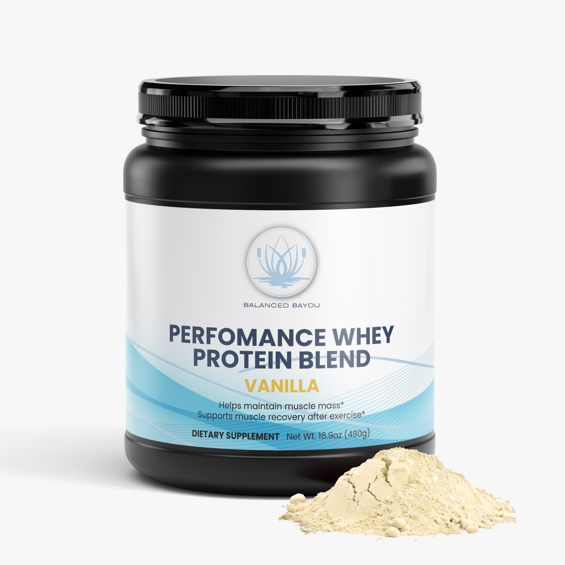 A black tub of Balanced Bayou Performance Whey Protein Blend in Vanilla flavor, shown on a clean white background with a small pile of light beige powder in front.