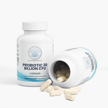 Two white bottles of Balanced Bayou Probiotic 20 Billion CFU capsules, with one standing upright and the other lying on its side to show the capsules inside, with several capsules scattered in front on a clean white background.