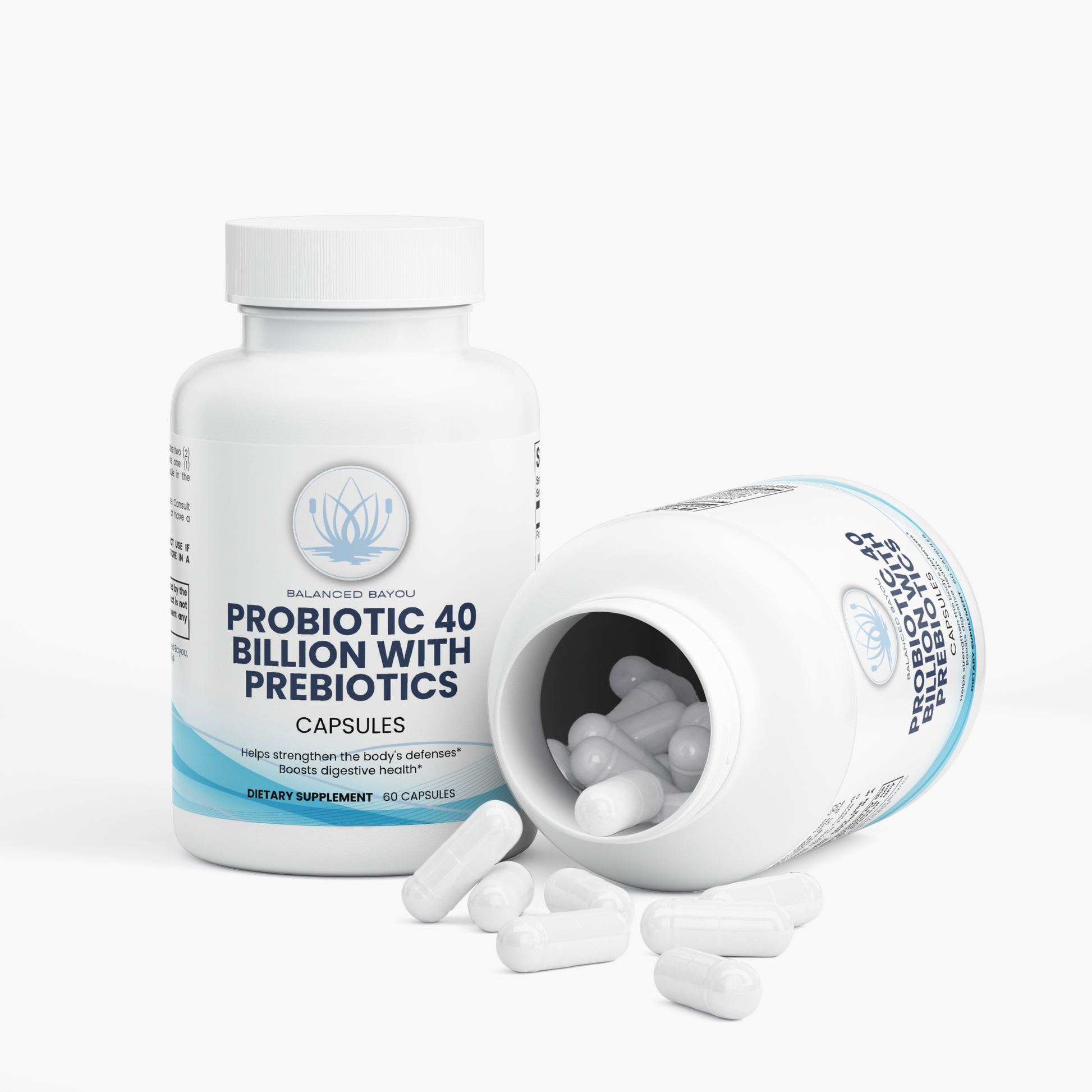 Two white supplement bottles labeled 'Probiotic 40 Billion With Prebiotics' with several white capsules scattered in front, photographed on a clean white background.