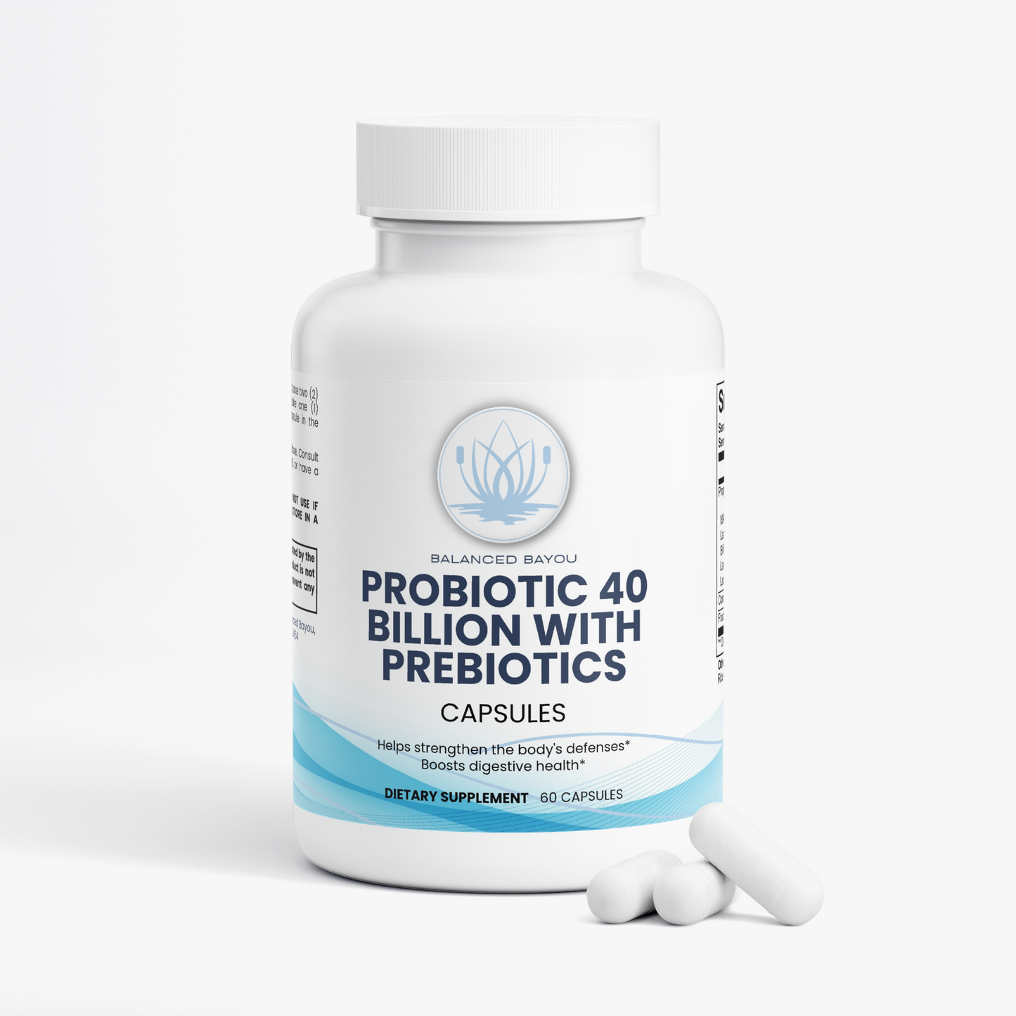 A white plastic bottle of Balanced Bayou Probiotic 40 Billion with Prebiotics Capsules, featuring a clean white label with blue text and a light blue lotus logo, set against a plain white background.