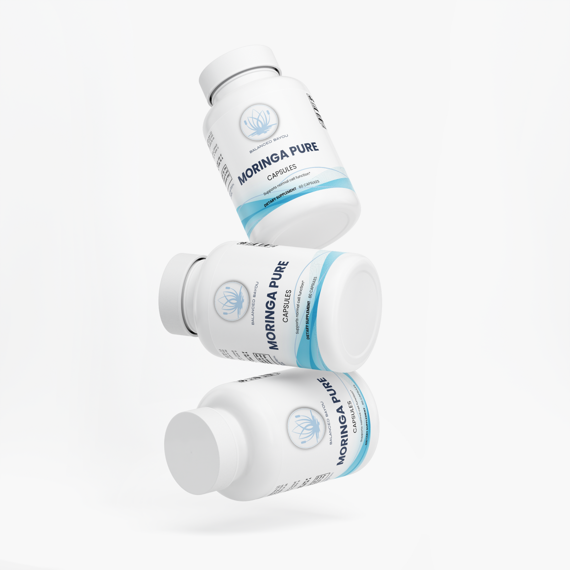 Three white bottles of Moringa Pure Capsules floating in a stacked arrangement against a clean white background.