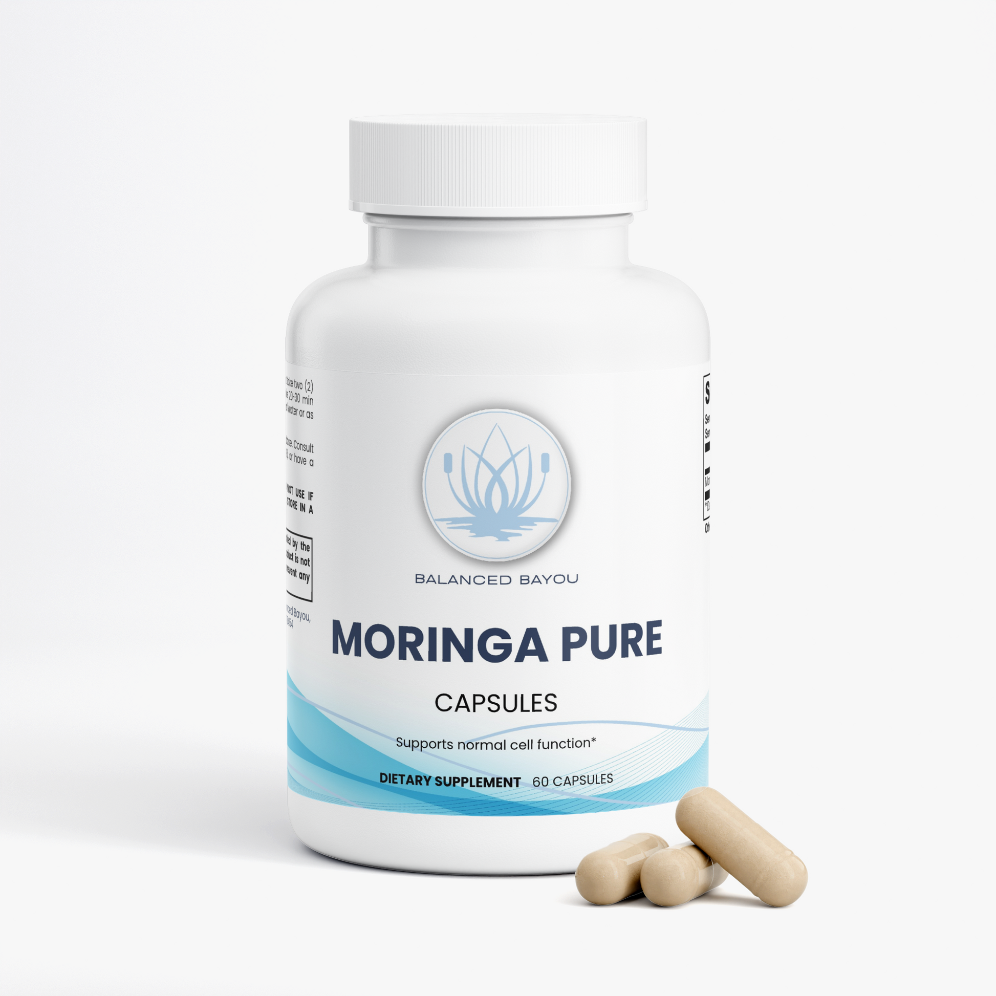 A white bottle of Balanced Bayou Moringa Pure dietary supplement capsules with three beige capsules placed in front, on a clean white background.