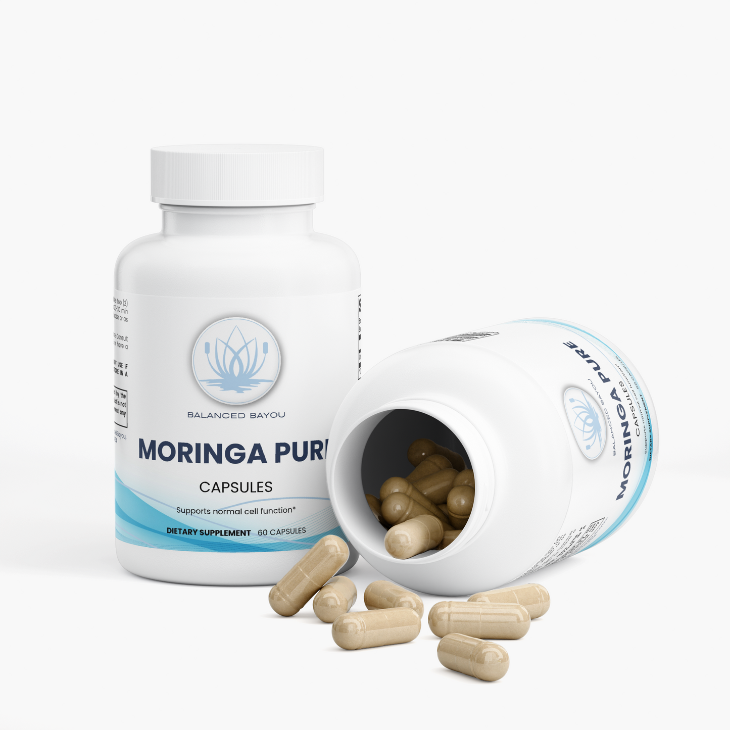 Two white bottles of Balanced Bayou Moringa Pure capsules, one standing upright and one lying on its side with tan capsules spilling out, on a clean white background.