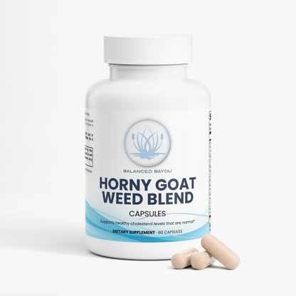 A white bottle of Balanced Bayou Horny Goat Weed Blend dietary supplement capsules, shown on a clean white background with three beige capsules placed in front.