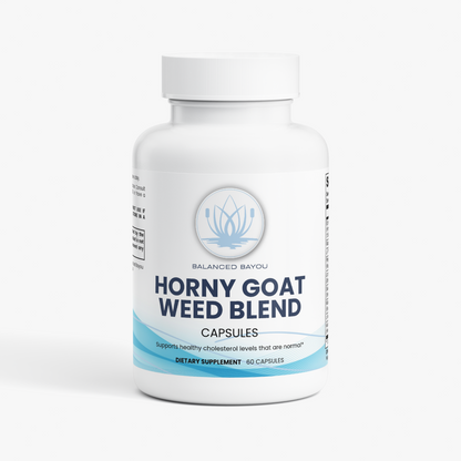 A white bottle of Balanced Bayou Horny Goat Weed Blend dietary supplement capsules, shown on a clean white background.