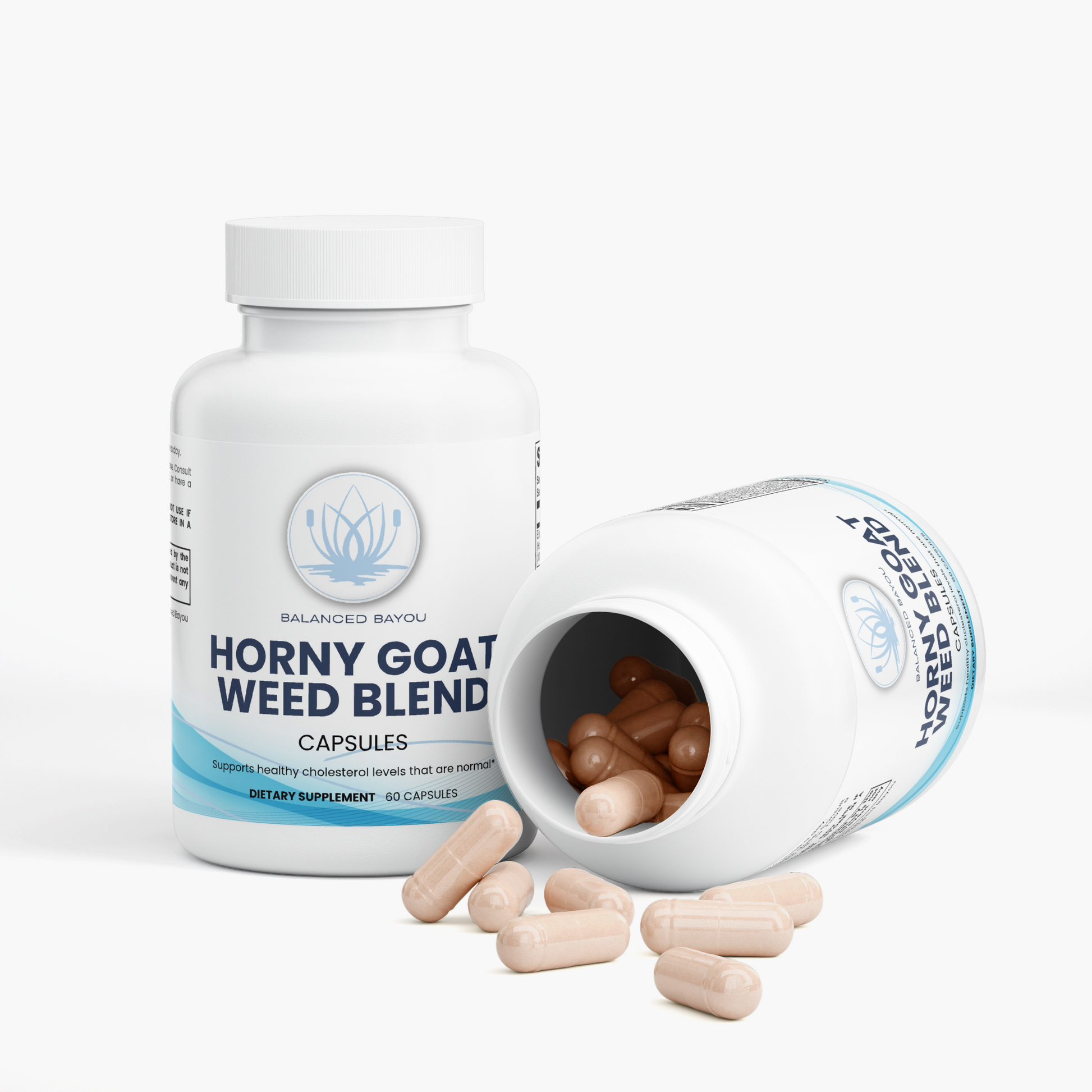 A white bottle of Balanced Bayou Horny Goat Weed Blend dietary supplement capsules, shown on a clean white background with three beige capsules placed in front.