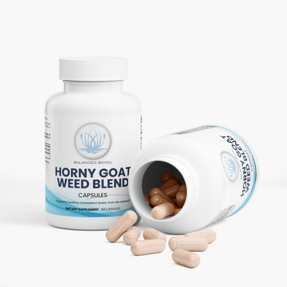 A white bottle of Balanced Bayou Horny Goat Weed Blend dietary supplement capsules, shown on a clean white background with three beige capsules placed in front.