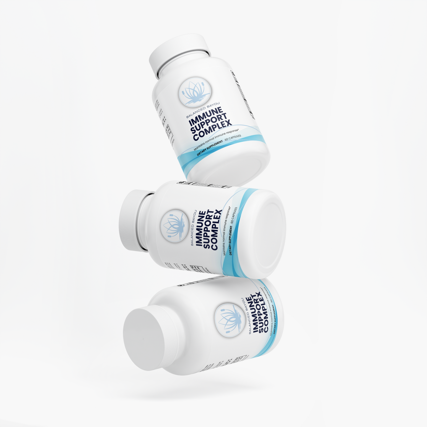 Three white supplement bottles labeled 'Immune Support Complex' floating in a stacked, dynamic arrangement against a clean white background.