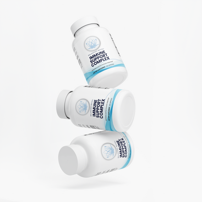 Three white supplement bottles labeled 'Immune Support Complex' floating in a stacked, dynamic arrangement against a clean white background.