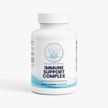A white bottle of Balanced Bayou Immune Support Complex dietary supplement with a white cap, shown on a clean white background.