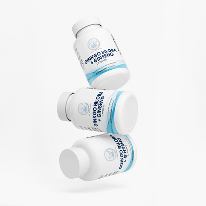 Three white supplement bottles labeled GINGO BILOBA + GINSENG floating at an angle on a clean white background.