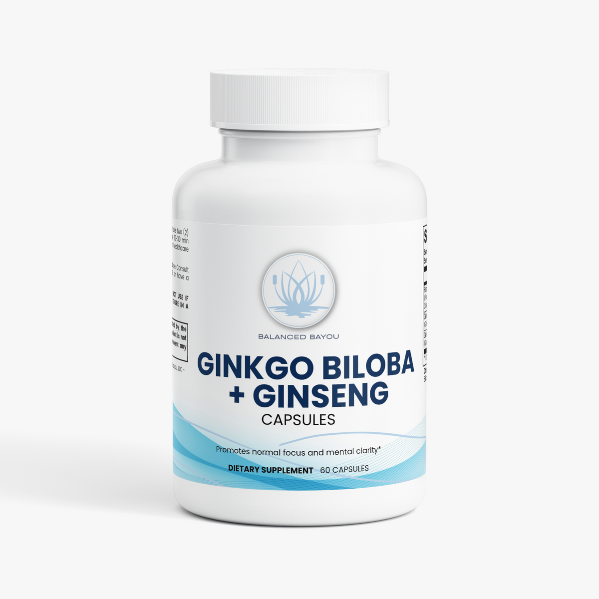 A white plastic bottle of Balanced Bayou Ginkgo Biloba + Ginseng dietary supplement capsules, featuring a clean white label with blue text and wave accents on a light gray background.