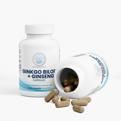 Two white bottles of Balanced Bayou Ginkgo Bilob + Ginseng capsules, one standing upright and one lying on its side with several tan capsules spilled out, on a clean white background.
